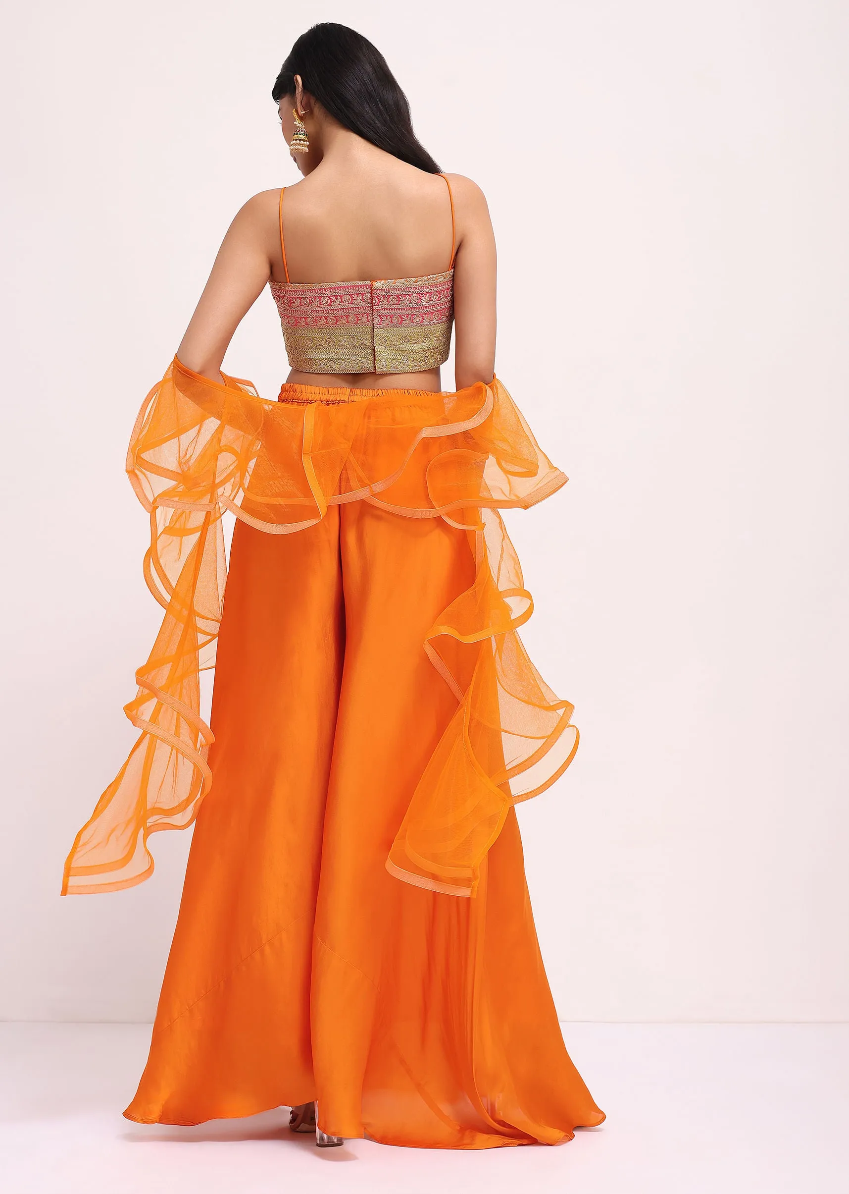 Orange Silk Zari Crop Top And Palazzo With Dupatta
