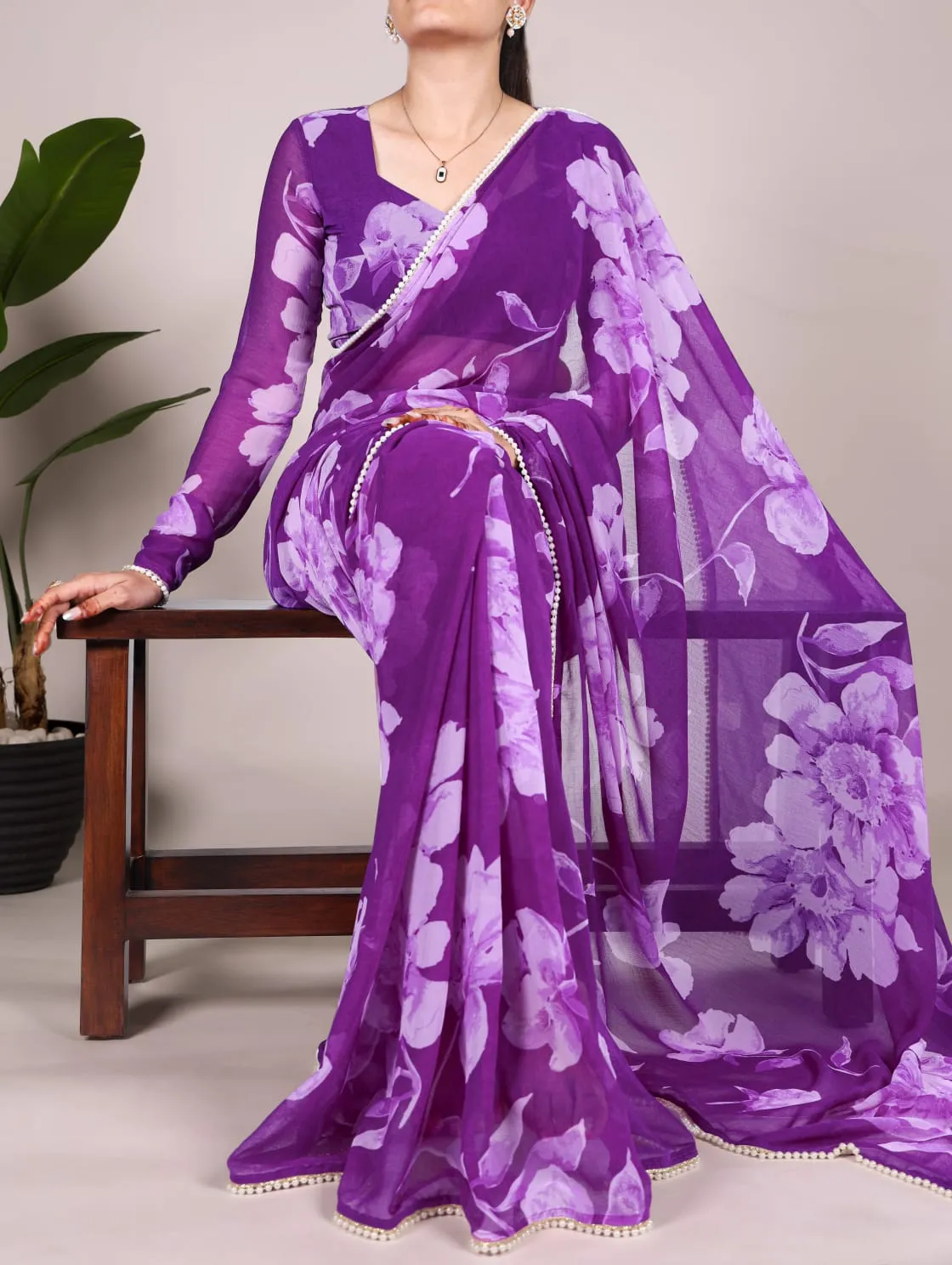 Purple Pure Chiffon Foral Printed Pearl Lace Border Chiffon Saree