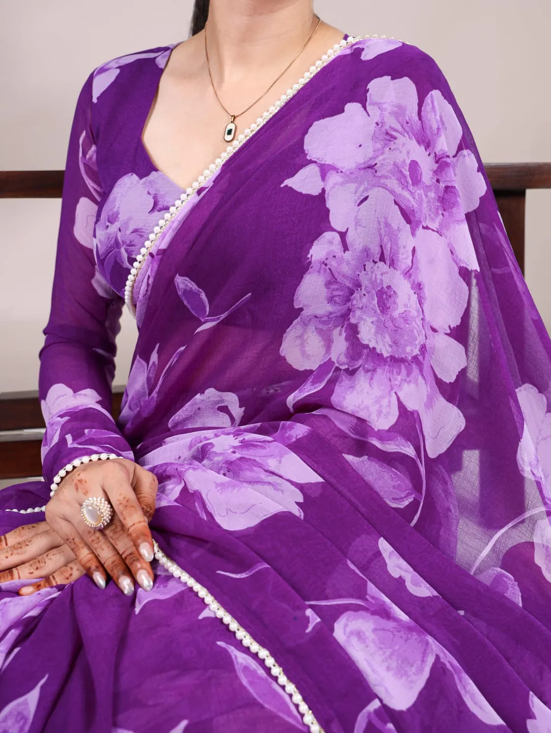 Purple Pure Chiffon Foral Printed Pearl Lace Border Chiffon Saree