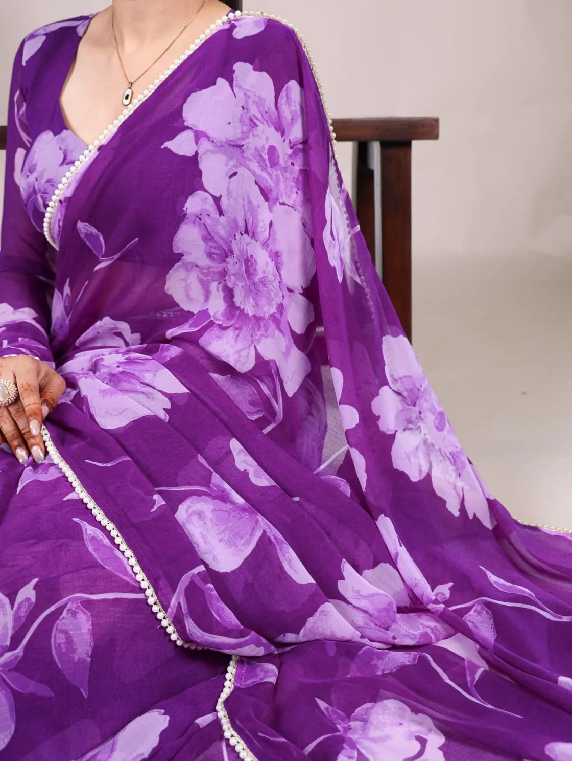 Purple Pure Chiffon Foral Printed Pearl Lace Border Chiffon Saree