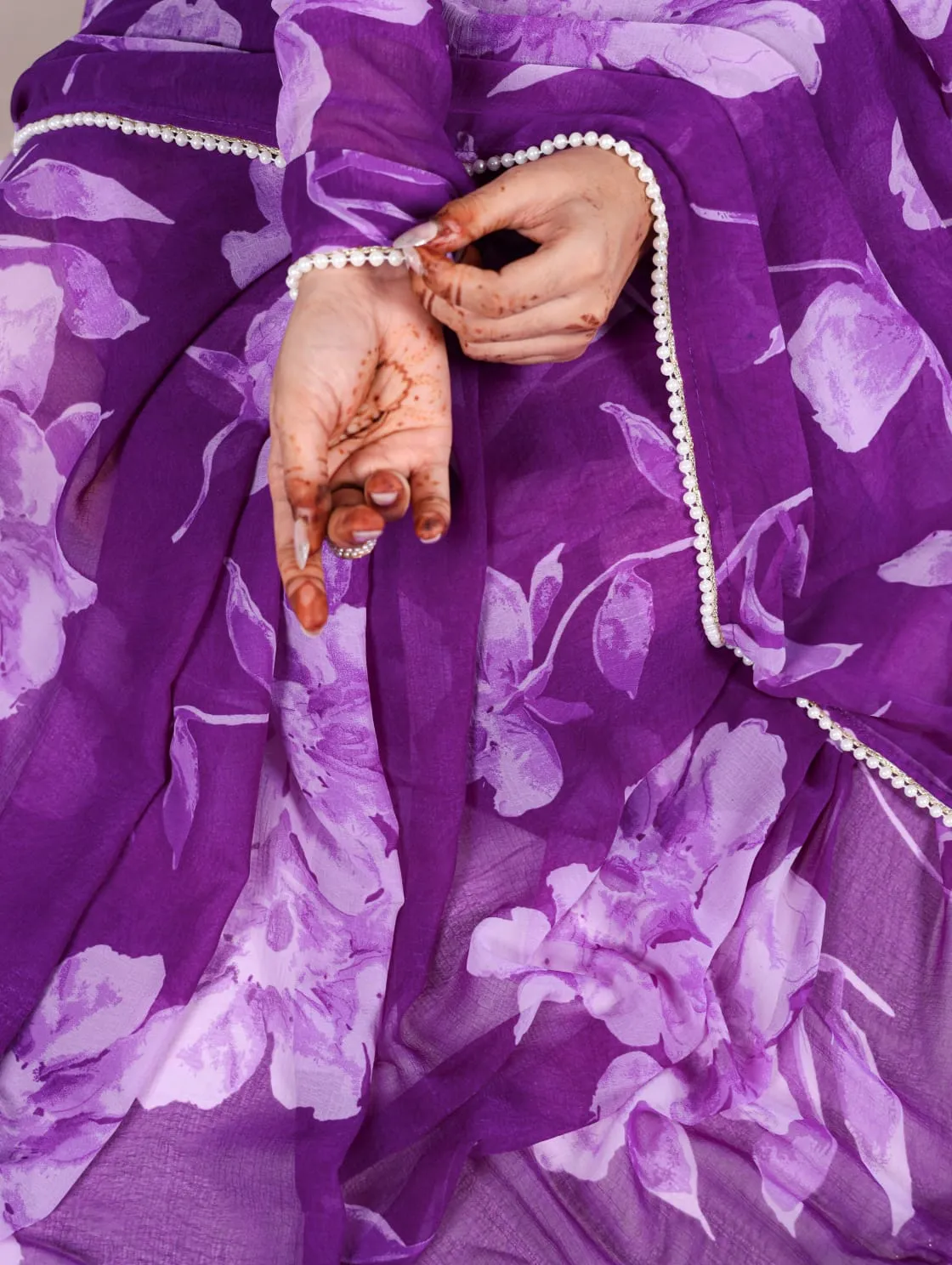 Purple Pure Chiffon Foral Printed Pearl Lace Border Chiffon Saree
