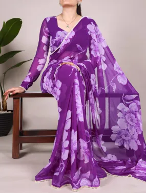 Purple Pure Chiffon Foral Printed Pearl Lace Border Chiffon Saree