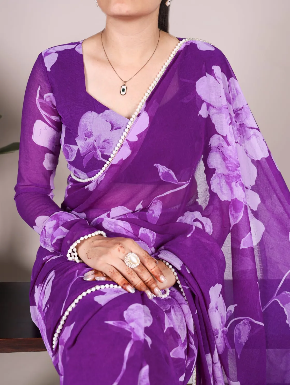 Purple Pure Chiffon Foral Printed Pearl Lace Border Chiffon Saree