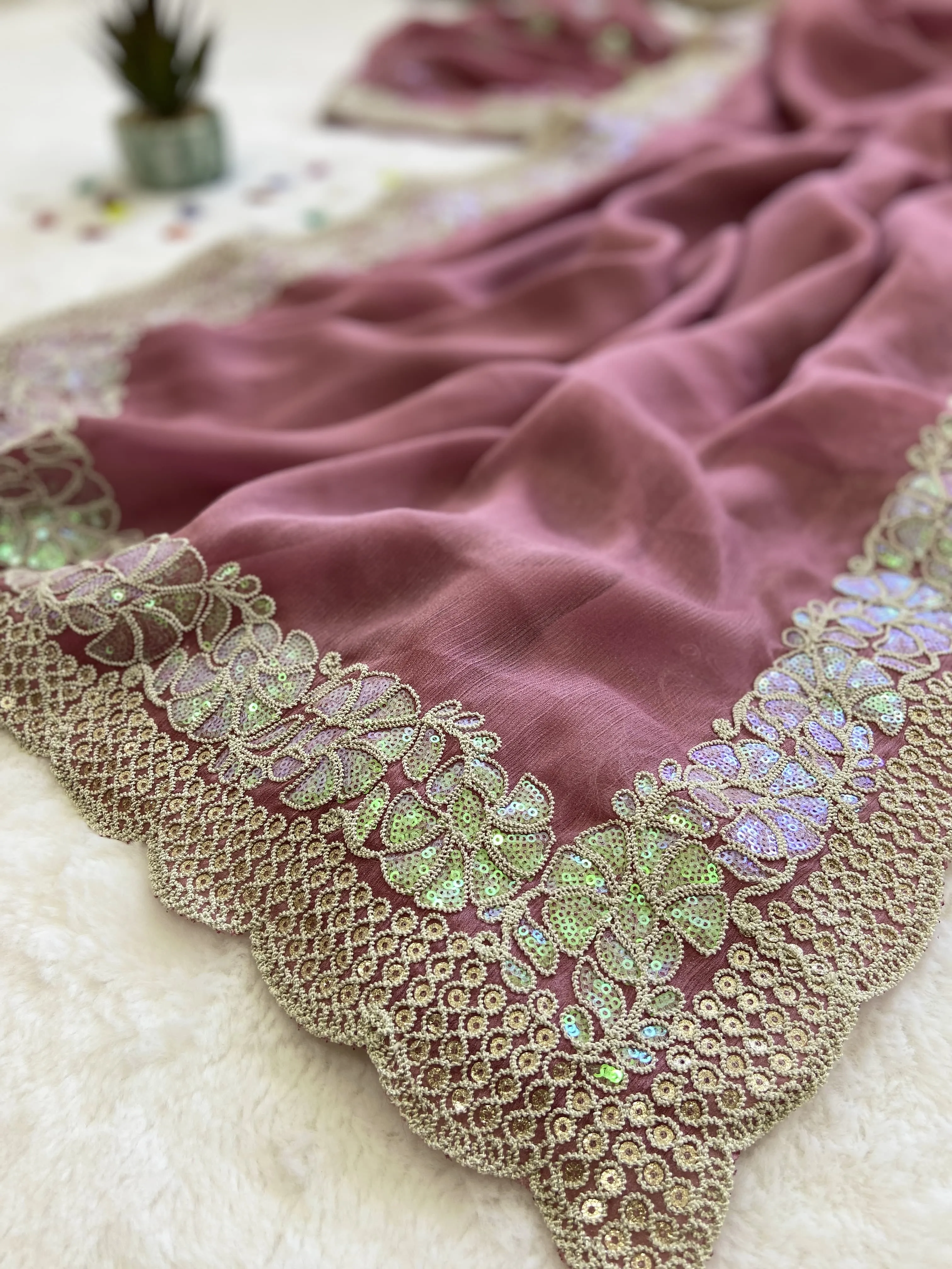 "Shimmer Sitara Georgette Saree for Women with Cutwork Border and Sequin Work"